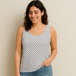 Chicos Womens Tank Top Shell XL White Black Polka Dot Pullover Nylon Spandex